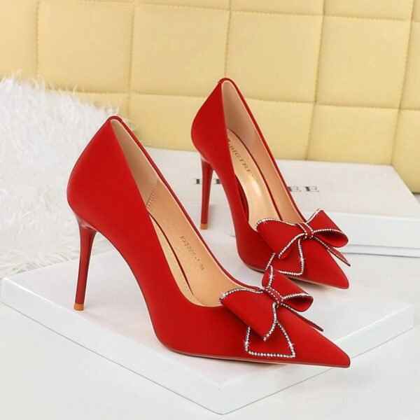 321ed7305281518b56bd7612f8112915 BIGTREE SHOES 3265-H37 Banquet Fashion Korean High Heel Shoes Stiletto Women's Shoes Shallow Mouth Pointed Toe Rhinestone Bow Pumps High Heel