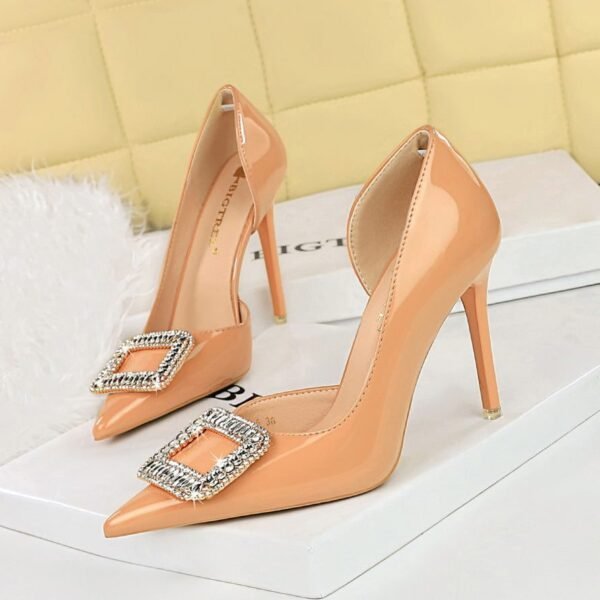 BIGTREE SHOES 638-K32 European and American Banquet High Heels Patent Leather Stilettos Shallow Mouth Pointed Toe Side Hollow out Rhinestone Buckle Super High Heel Shoes