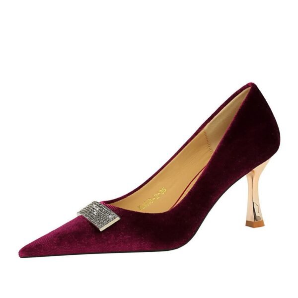 Bigtree Shoes 1818-K67 European and American Style Banquet Women's Shoes High Heels Suede Shallow Mouth Pointed Metal Rhinestone Decorative High Heel Shoes