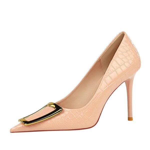 3391-26 Korean Style Fashionable Elegant Pedicure Slimming Stiletto Heel Shallow Mouth Pointed Toe Metal Buckle Pumps Women's High Heel