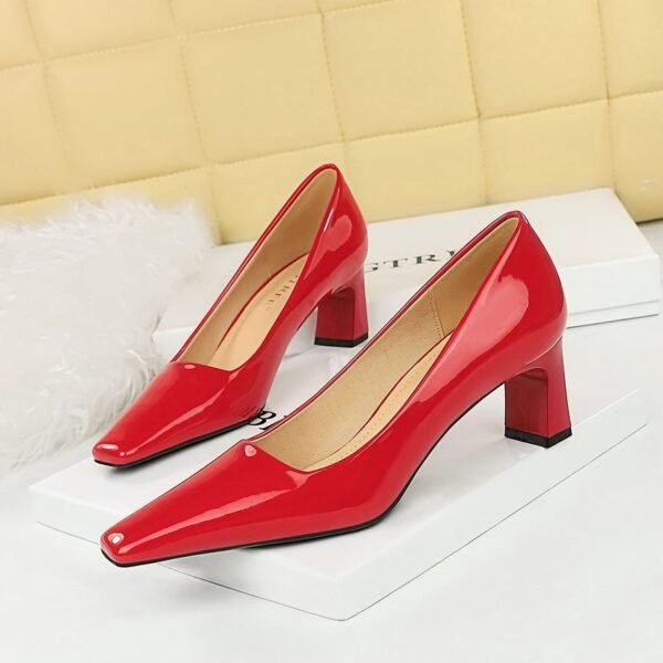 BIGTREE SHOES 6186-1 European and American Style Fashion Simple High Heel Chunky Heel Low-Cut Square Head Shiny Patent Leather Commuter's All-Matching Women's Thin Shoes