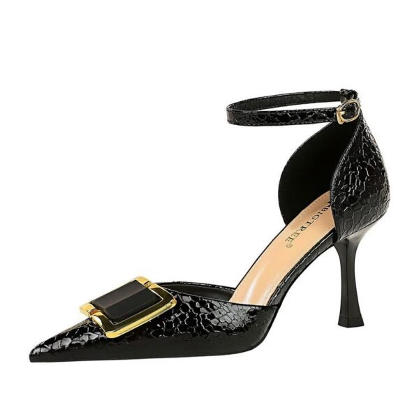 BIGTREE SHOES 8323-K57 European and American Style Banquet Sping Sandal Women's Shoes High Heel Low-Cut Pointed Toe Metal Buckle Hollow-out Strap Sandals