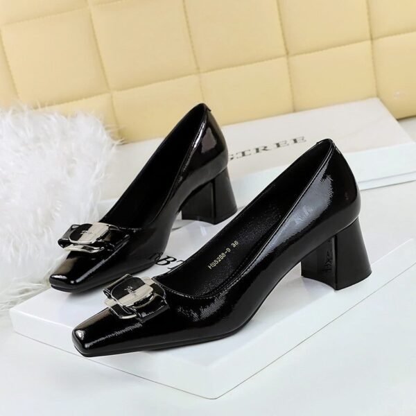 3634f65dfd6c3b0403901baca1c942a0 BIGTREE SHOES 5288-k91 European and American Style Business All-Matching Ol Commuter Women's Shoes Chunky Heel Mid Heel Square Toe Metal Buckle Bow Pumps