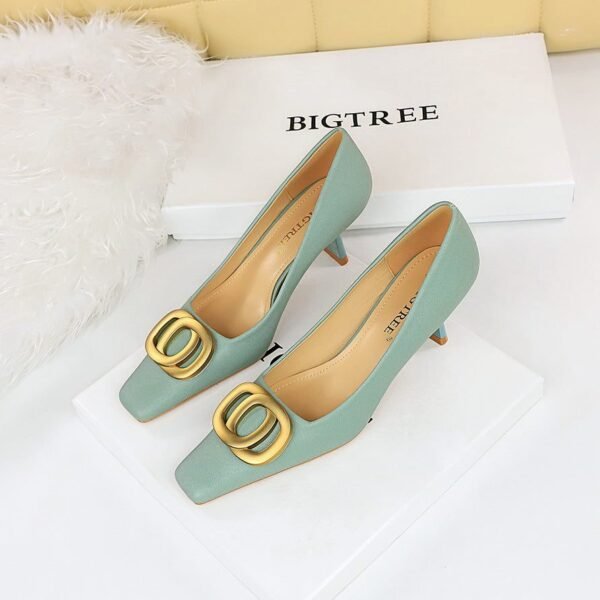 BIGTREE SHOES 6183-k26 Korean Style Versatile Business Ol Women's Shoes Wine Cup Heel High Heel Low-Cut Square Toe Belt Buckle Decorative Women's Shoes