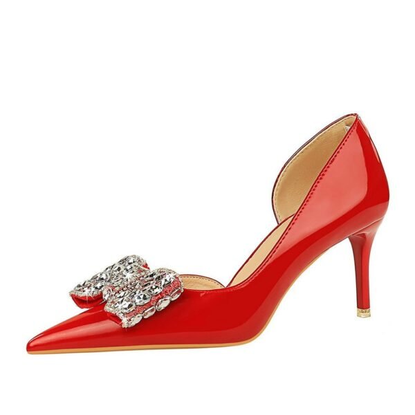 BIG TREE SHOES 638-Ah20 Korean Style Banquet Women's Shoes High Heel Low-Cut Pointed Toe Side Hollow Rhinestone Bow Pumps Women's High Heels
