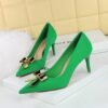 BIGTREE SHOES 18249-AK68 Thin Heel High Heel Satin Shallow Pointed Toe Metal Bowknot Single Shoes