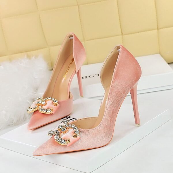 Bigtree Shoes 1363-K77 Banquet High Heels Stiletto Heel Shallow Mouth Pointed Side Hollow out Thick Suede Rhinestone Buckle Bow Pumps