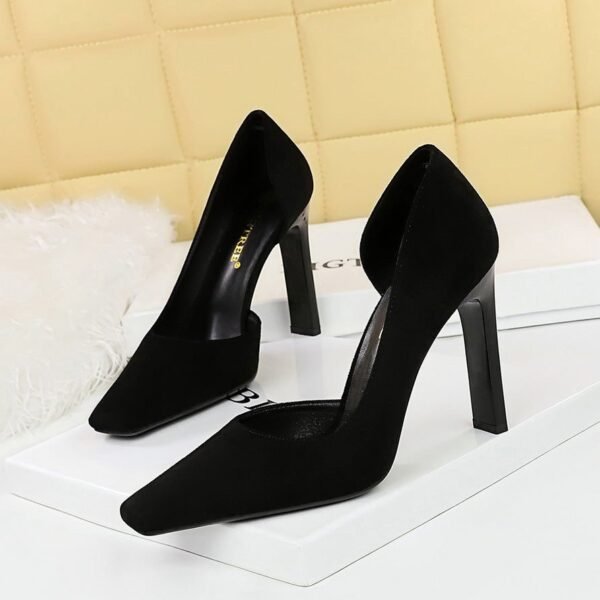 BIG TREE SHOES 3275-2 European and American Fashion Minimalist Thick Heel Super High Heel Low-Cut Square Toe Suede Side Hollow Pumps Women's Shoes High Heels