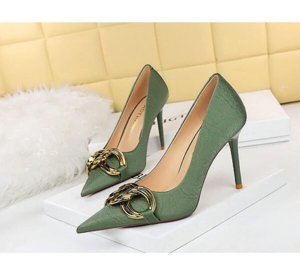 7239-1 European And American Fashion Slim Thin-heeled Super High-heeled Women's Shoes Shallow Pointed Big Metal Buckle Shoes