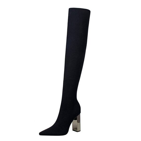 BIG TREE SHOES 3128-1 European and American Fashion Minimalist Metal Heel Chunky Heel High Heel Pointed Toe Thinner Wool over-the-Knee Boots