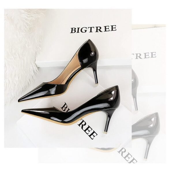 1363-A2 Korean fashion slim banquet fine heel high heel shallow pointed side hollow patent leather women's shoes single shoes high