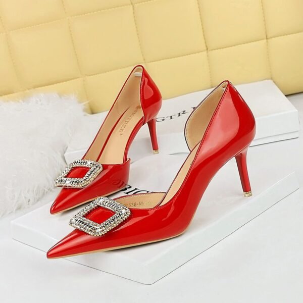 BIG TREE SHOES 638-Ak32 European and American Style Banquet Women's Shoes High Heel Shiny Patent Leather Shallow Mouth Pointed Side Hollow Rhinestone Buckle Pumps Women