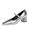 BIGTREE SHOES 5288-K86Women's Shoes Mid Heel Chunky Heel Shallow Mouth Square Toe Rhinestone Buckle Single Strap Shoes for Women