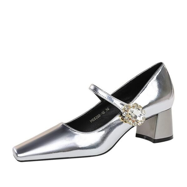 BIGTREE SHOES 5288-K86Women's Shoes Mid Heel Chunky Heel Shallow Mouth Square Toe Rhinestone Buckle Single Strap Shoes for Women