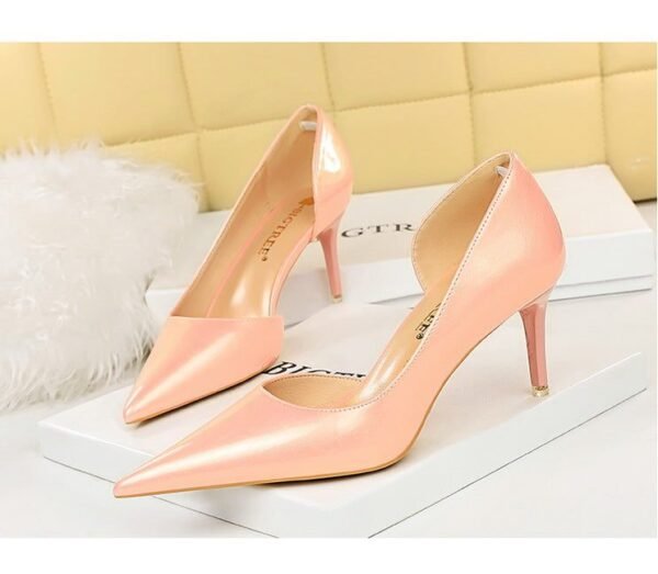 1363-A2 Korean fashion slim banquet fine heel high heel shallow pointed side hollow patent leather women's shoes single shoes high