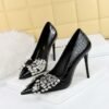 BIG TREE Shoes 3391-H9 Korean Style Fashion Banquet High Heels Stiletto Heel Shallow Mouth Pointed Toe Rhinestone Bow Pumps Women
