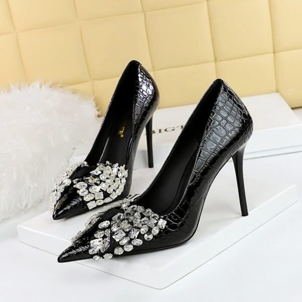 BIG TREE Shoes 3391-H9 Korean Style Fashion Banquet High Heels Stiletto Heel Shallow Mouth Pointed Toe Rhinestone Bow Pumps Women