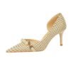 8829-A1 Korean version of high-heeled shallow-mouth pointed side hollow cloth plaid pearl metal chain houndstooth shoes