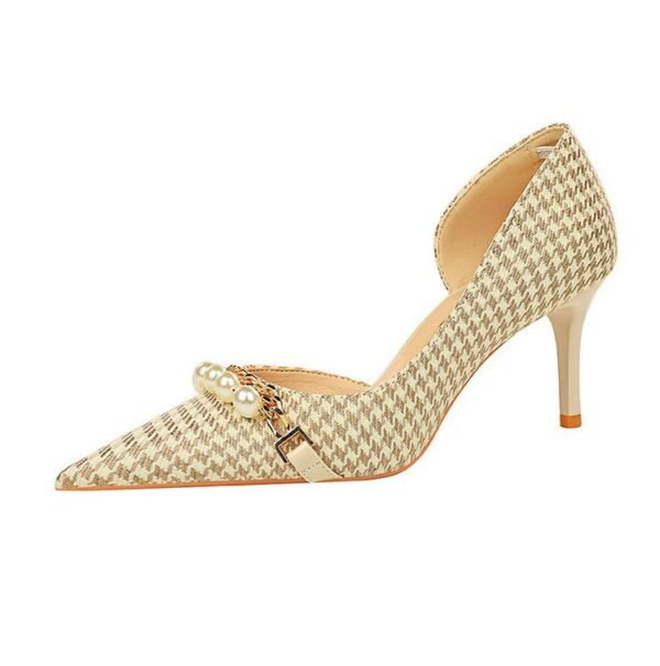 8829-A1 Korean version of high-heeled shallow-mouth pointed side hollow cloth plaid pearl metal chain houndstooth shoes