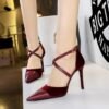 BIGTREE SHOES 9963-1 Banquet High Heels Stiletto Heel Shallow Mouth Pointed Toe Suede Hollow Hollow Cross Strap Sandals Women's Shoes