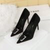 3bd28e185aa6d2babefb739f169e207f BIGTREE SHOES 9511-K73 Banquet High Heels Stiletto Heel European and American Style Women's Shoes Suede Shallow Mouth Pointed-Toe Metal Rhinestone Buckle Pumps Women