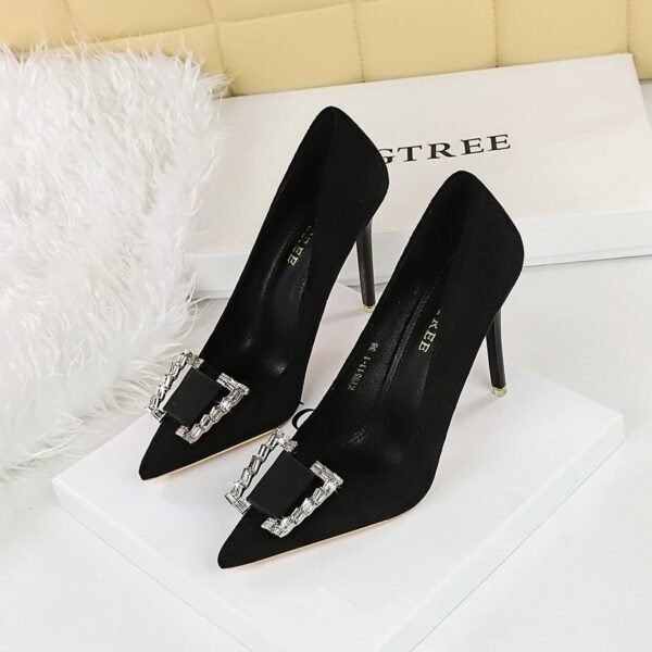3bd28e185aa6d2babefb739f169e207f BIGTREE SHOES 9511-K73 Banquet High Heels Stiletto Heel European and American Style Women's Shoes Suede Shallow Mouth Pointed-Toe Metal Rhinestone Buckle Pumps Women