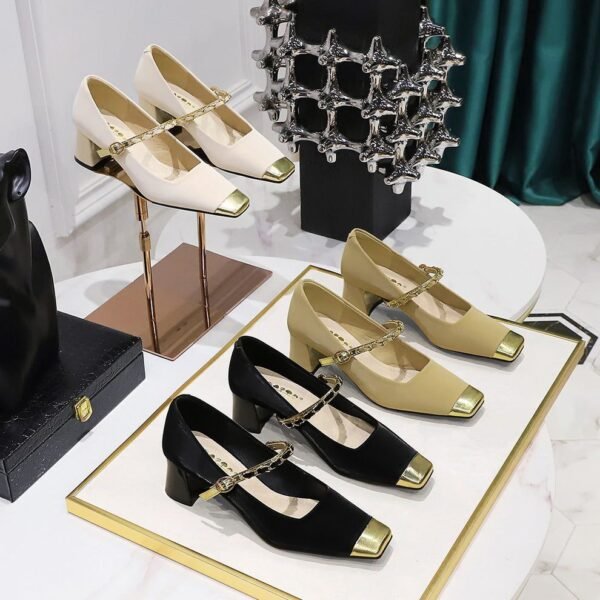BIGTREE SHOES 5288-7 Temperament Mary Jane Shoes Chunky Very Mid-Very Low-Cut Color Matching Stitching Square Toe Metal Chain Ankle-Strap Shoes