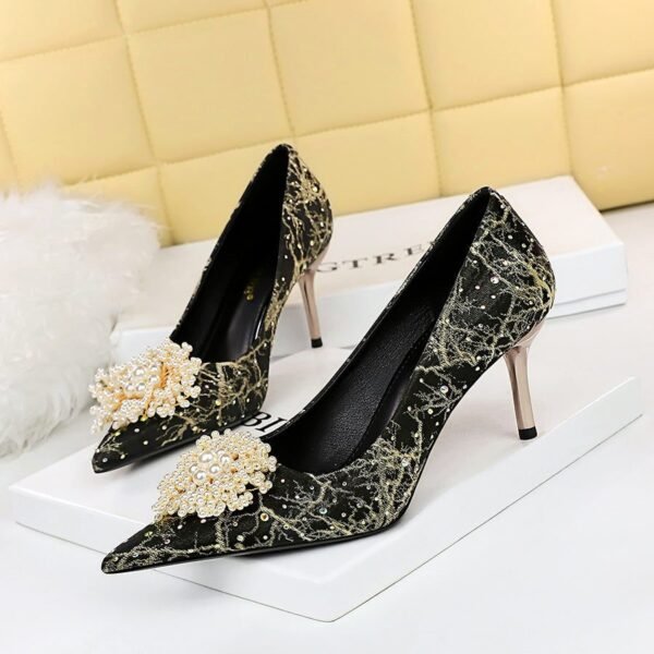 628-A2 European and American Style Banquet Women's Shoes Metal Heel Stiletto Heel Shallow Mouth Pointed Toe Rhinestone Pearl Flower Women's Shoes