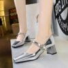 BIGTREE SHOES 5288-K86Women's Shoes Mid Heel Chunky Heel Shallow Mouth Square Toe Rhinestone Buckle Single Strap Shoes for Women