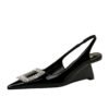 BIGTREE SHOES 1097-k63 Banquet Wedge Women's Shoes High Heel Low-Cut Pointed-Toe Hollowed Back Strap Metal Square Rhinestone Buckle Pumps