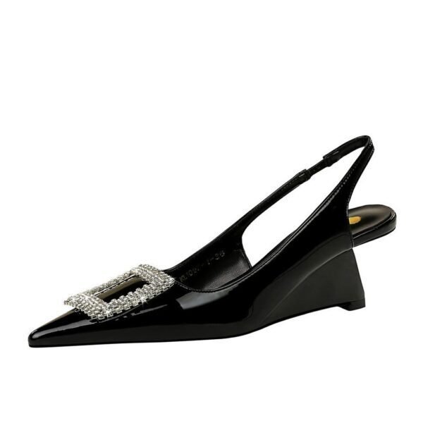 BIGTREE SHOES 1097-k63 Banquet Wedge Women's Shoes High Heel Low-Cut Pointed-Toe Hollowed Back Strap Metal Square Rhinestone Buckle Pumps