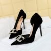 Bigtree Shoes 1363-K78 European and American High Heels Stiletto Heel Shallow Mouth Pointed Side Hollow out Thick Suede Rhinestone Buckle Bow Pumps