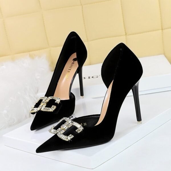 Bigtree Shoes 1363-K78 European and American High Heels Stiletto Heel Shallow Mouth Pointed Side Hollow out Thick Suede Rhinestone Buckle Bow Pumps