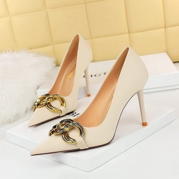 7239-A1 European and American fashion banquet women's shoes fine heel high heel shallow pointed metal buckle single shoes high heels