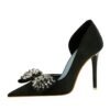 BIG TREE Shoes 6168-H3 European and American High Heels Stiletto Low-Cut Pointed Side Hollow Cloth Surface Ultra-High Heel Rhinestone Bow Pumps