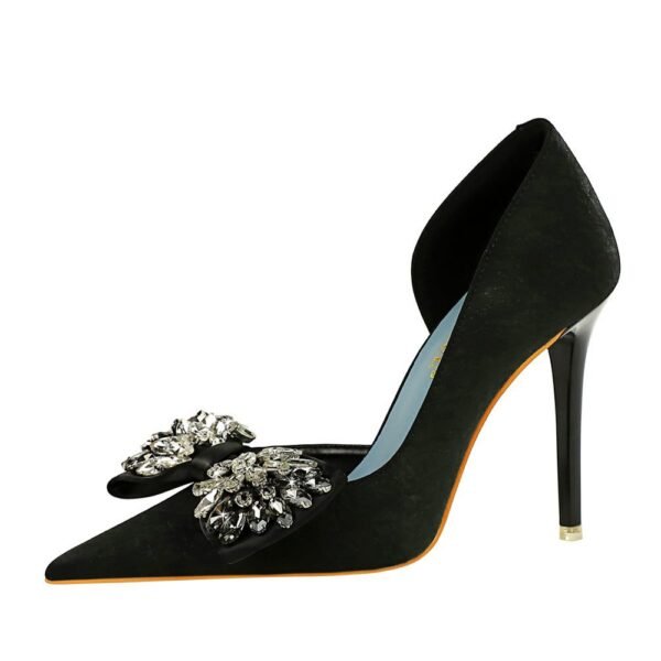 BIG TREE Shoes 6168-H3 European and American High Heels Stiletto Low-Cut Pointed Side Hollow Cloth Surface Ultra-High Heel Rhinestone Bow Pumps