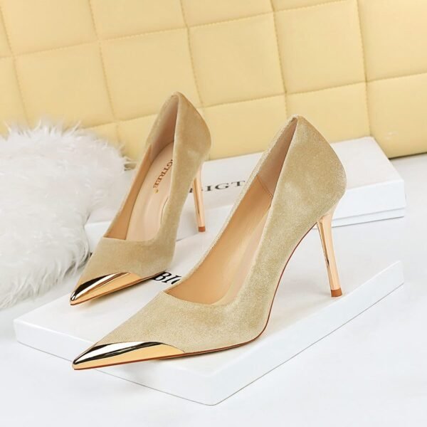 9318-1 European and American Style Banquet Affordable Luxury Fashion High Heels Stiletto Heel Metal Pointed Toe Suede Women's Thin Shoes BIG TREE SHOES