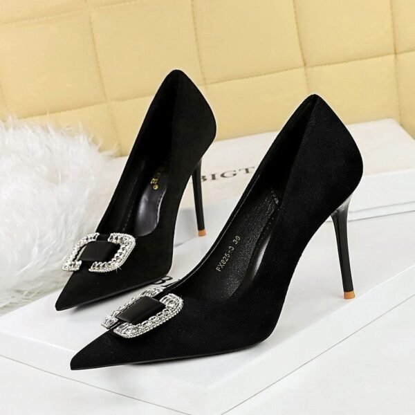 BIGTREE SHOES 825-K69 Korean Style Fashionable Banquet High Heels Stiletto Heel Women's Shoes Suede Shallow Mouth Pointed Metal Rhinestone Buckle Single-Layer Shoes