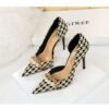 3e68a071ebca9ceb414e5e44bacfee7a 8829-1 Korean version of high-heeled shoes with lattice pattern shallow mouth side hollow houndstooth pearl metal chain super high-heeled shoes