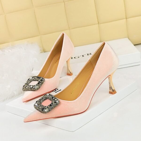 Bigtree Shoes 1818-K83 European and American Style Light Luxury Banquet High Heels Women's Shoes Wine Glass Heel Metal Rhinestone Buckle Thick Suede Pumps