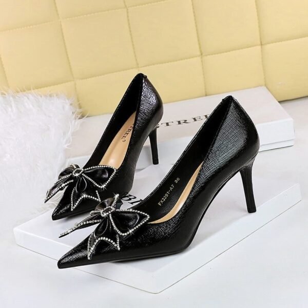 3f884edd47eddf783ad6162560c20351 BIGTREE SHOES 3391-ah53 European and American Style Banquet Women's Shoes Stiletto Heel Shallow Mouth Pointed Toe Rhinestone Bow Pumps High Heels