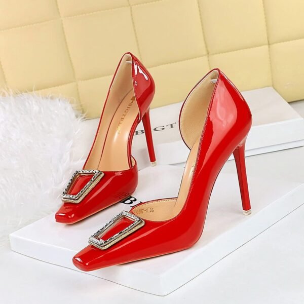 BIGTREE SHOES Patent Leather Stilettos-K39 European and American Style High Heels Low-Cut Square Toe Rhinestone Buckle Side Hollow Pumps High Heel Women's Shoes