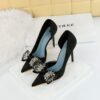 BIG TREE Shoes 6168-H3 European and American High Heels Stiletto Low-Cut Pointed Side Hollow Cloth Surface Ultra-High Heel Rhinestone Bow Pumps