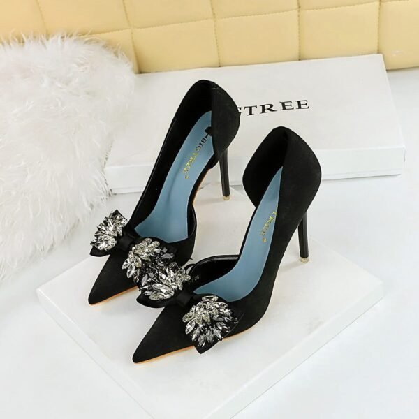 BIG TREE Shoes 6168-H3 European and American High Heels Stiletto Low-Cut Pointed Side Hollow Cloth Surface Ultra-High Heel Rhinestone Bow Pumps