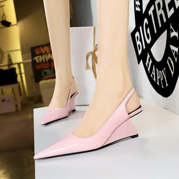 BIG TREE SHOES 1097-1 European and American High Heel Wedge Hollow-out Back Strap Patent Leather Low-Cut Pointed Toe Pedicure Skinny High Heels Women's Shoes