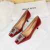 BIGTREE SHOES 6183-K19 European and American Banquet Women's Shoes Stiletto Heel Square Toe Shiny Patent Leather Metal Rhinestone Buckle Pumps High Heels