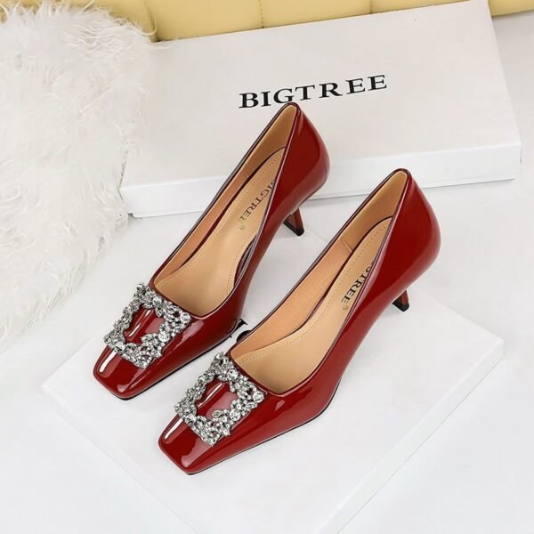 BIGTREE SHOES 6183-K19 European and American Banquet Women's Shoes Stiletto Heel Square Toe Shiny Patent Leather Metal Rhinestone Buckle Pumps High Heels