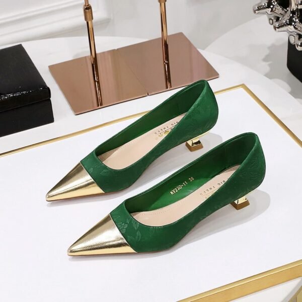 40c87279ccd34dec82f2c9c911231904 BIGTREE SHOES 230-20 banquet New National style women's shoes low heel metal heel pattern satin Metal stitching pointed spring and autumn shoes