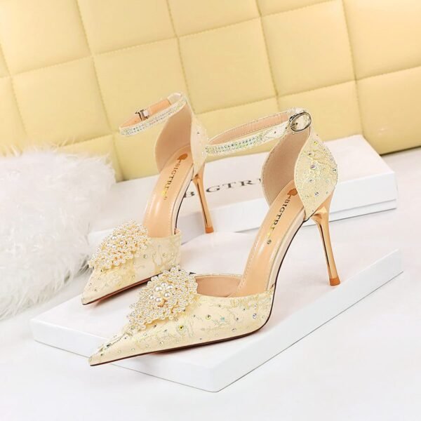 286-7 European and American Style Banquet High Heel Low-Cut Hollow Word with Pointed Toe Rhinestone Pearl Flower Sandals High Heels