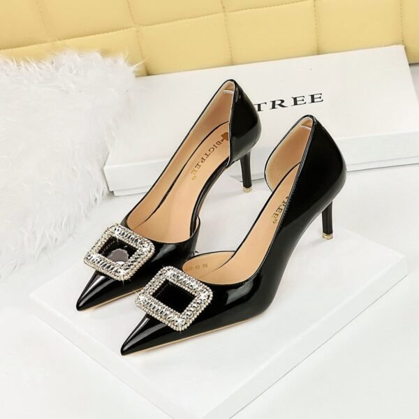 BIG TREE SHOES 638-Ak32 European and American Style Banquet Women's Shoes High Heel Shiny Patent Leather Shallow Mouth Pointed Side Hollow Rhinestone Buckle Pumps Women